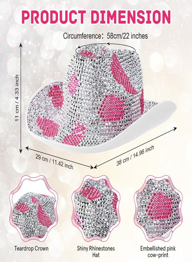 Tisancy قبعة رعاة البقر المرصعة بأحجار الراين من تيسانسي، قبعة رعاة البقر للنساء تناسب مقاس 58 سم/L، قبعة ديسكو غربية لحفلات الكرنفال وحفلات الزفاف والأزياء التنكرية (بقرة وردية ماسية) - Image 2