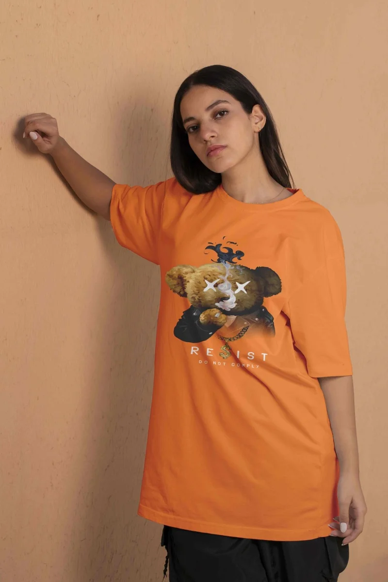 DogFish Teddy Printed Women's Oversize Pink T-Shirt