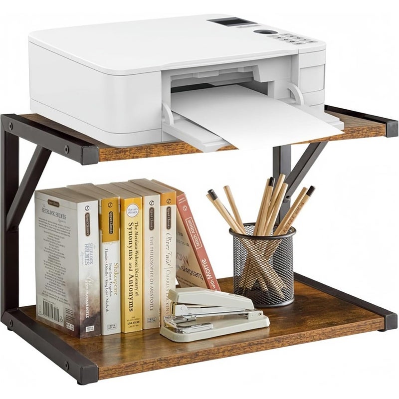 2-Tier Desktop Printer Stand Holder Multi-Purpose Desk Organizer Storage Shelf Book Shelf Printer Shelf for Fax Machine Scanner Files Books Rustic Brown - Image 1