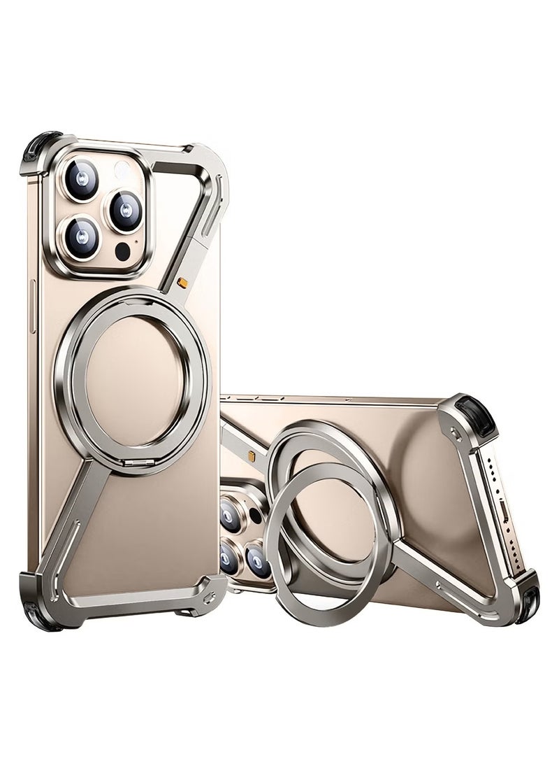 (لـ iPhone 16 Pro Max) غلاف دوران 360°، حامل من الألمنيوم والمعادن، بدون إطار، غلاف واقي بدرجة صدمة فضي - Image 1