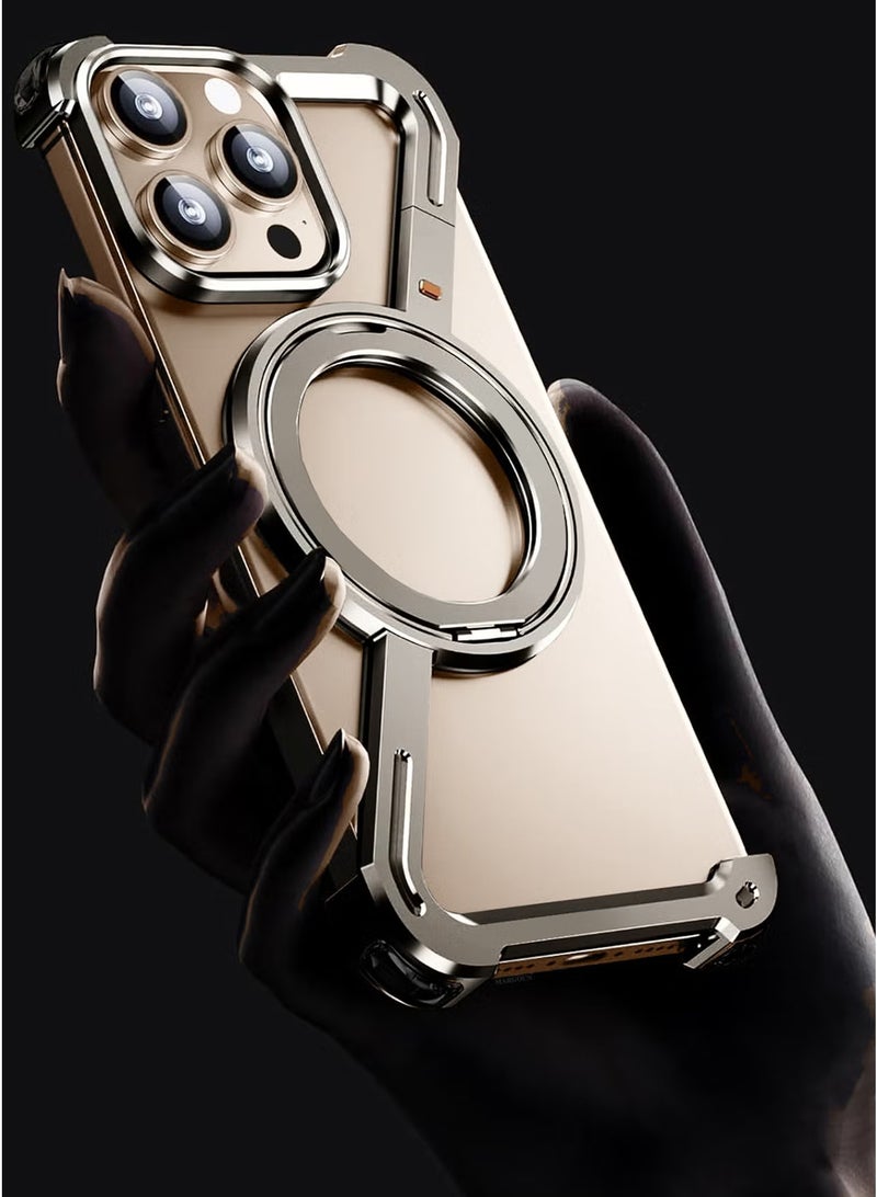 (لـ iPhone 16 Pro Max) غلاف دوران 360°، حامل من الألمنيوم والمعادن، بدون إطار، غلاف واقي بدرجة صدمة فضي - Image 3