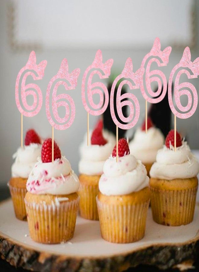 Ercadio 24Pcs 6st Birthday Cupcake Toppers Glitter Pink Bow Cupcake Picks for Baby Shower 6st Birthday Party Happy Birthday Theme Cake Decorations Supplies - Image 5