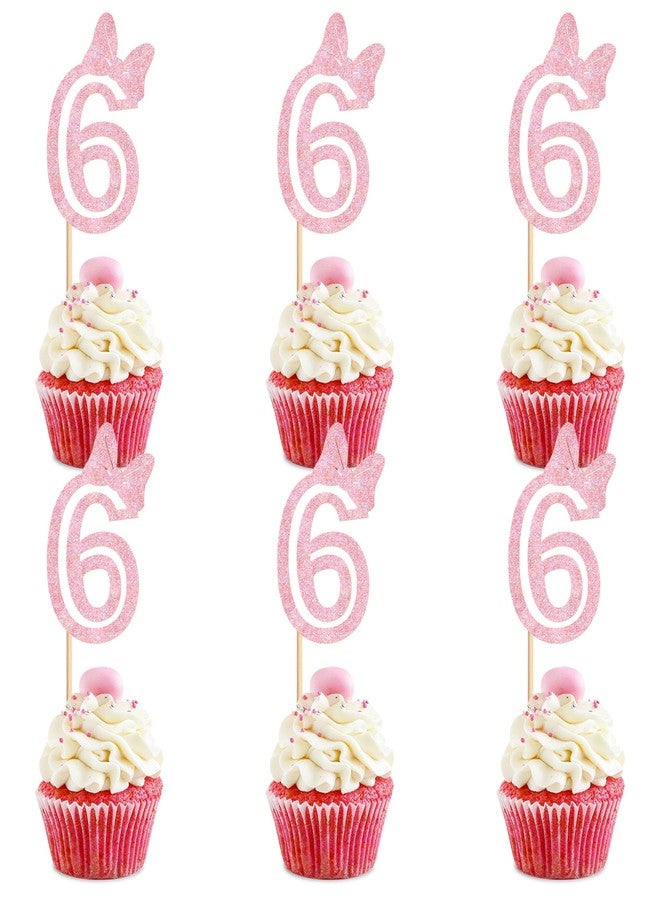 Ercadio 24Pcs 6st Birthday Cupcake Toppers Glitter Pink Bow Cupcake Picks for Baby Shower 6st Birthday Party Happy Birthday Theme Cake Decorations Supplies - Image 1