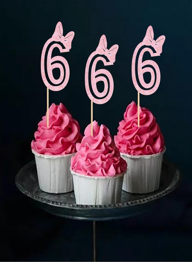 Ercadio 24Pcs 6st Birthday Cupcake Toppers Glitter Pink Bow Cupcake Picks for Baby Shower 6st Birthday Party Happy Birthday Theme Cake Decorations Supplies - Image 3