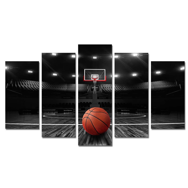 Derkymo 5 Pieces Basketball Court Pictures for Bedroom Black and White Canvas Wall Art Sports Painting Prints Artwork for Living Room Boys Room Stretched and Framed Ready to Hang 24x405 Pieces