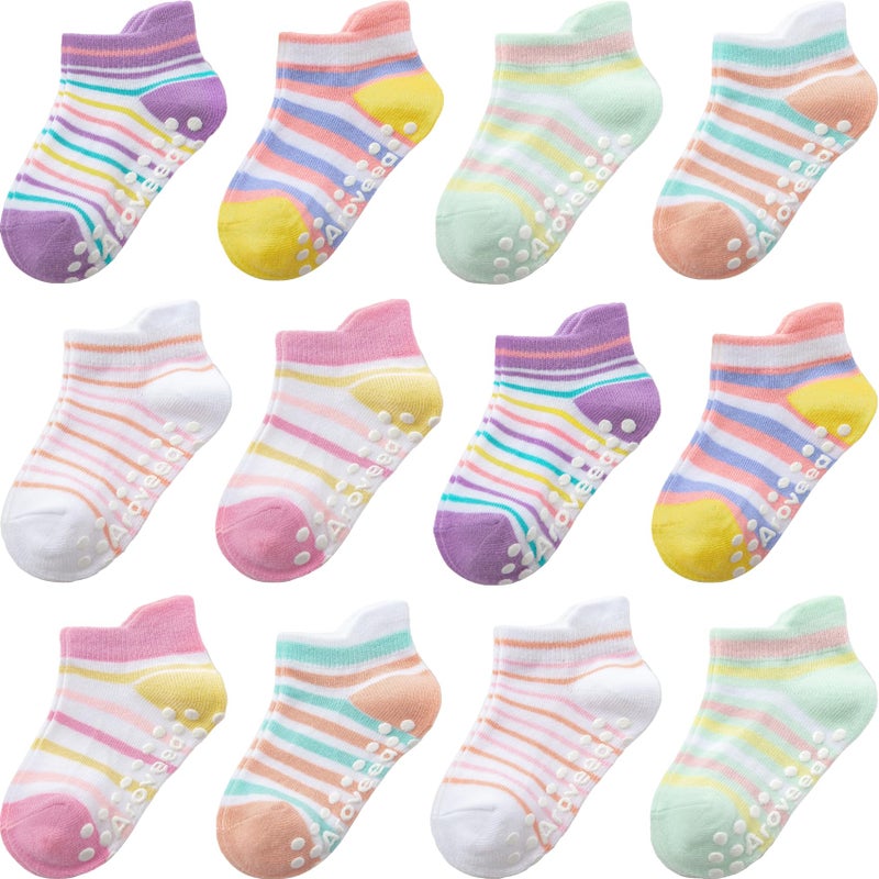 Aroveea Baby Toddler Socks Grip Non Slip Boys Girls Cotton 12 Pack for 1-3T Kids Ankle Cute Socks 6M-7Years - Image 1