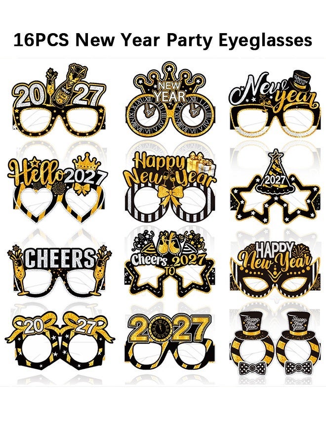 Wffo 2027 New Year Party Eyeglasses - 16 Pcs Eve Decorations Glasses Happy New Years Eve Party Photo Props Hello 2027 Novelty Paper Glasses Parties Favors Gift Supplies - Black and Gold Glitter Costume Decorations Supplies - Image 1