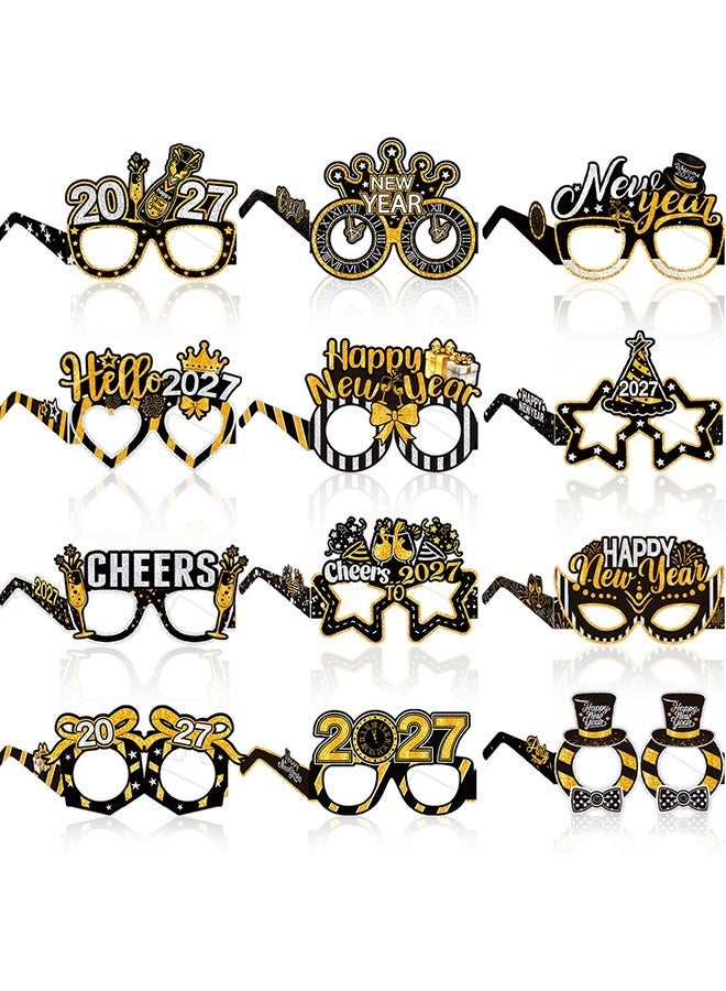 Wffo 2027 New Year Party Eyeglasses - 16 Pcs Eve Decorations Glasses Happy New Years Eve Party Photo Props Hello 2027 Novelty Paper Glasses Parties Favors Gift Supplies - Black and Gold Glitter Costume Decorations Supplies - Image 3