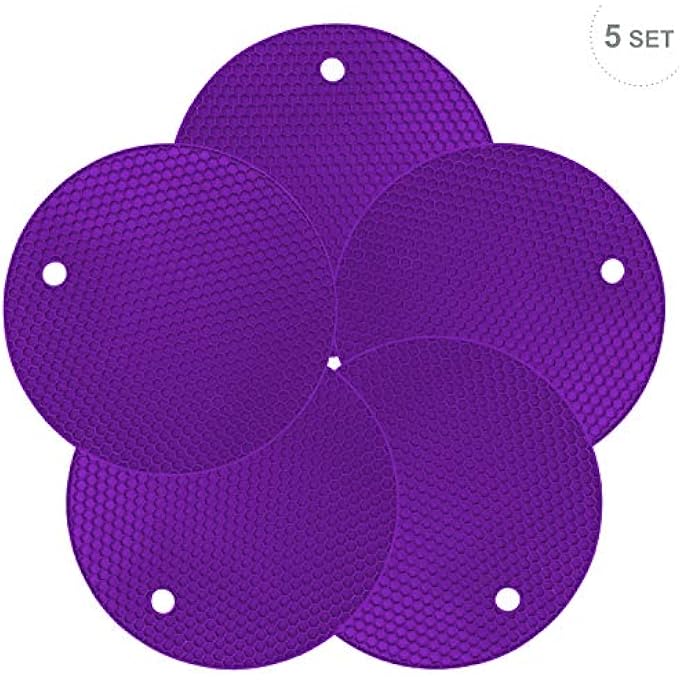 LogHog 5 Pack Extra Thick Silicone Pot Coaster Trivet MatsPot HolderHot PadsNon Slip Durable Flexible Table Mats Round Honeycome Multipurpose Kitchen Heat Resistant Mat Purple - Image 5