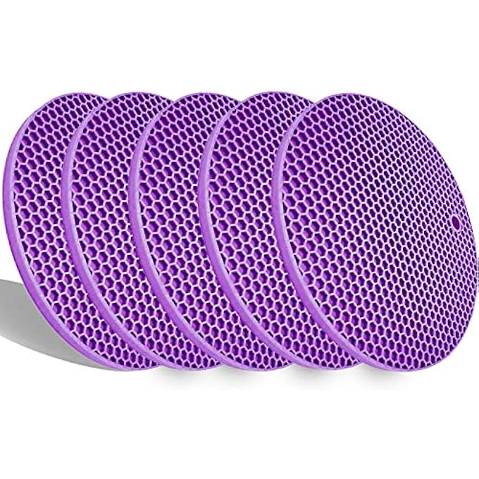 LogHog 5 Pack Extra Thick Silicone Pot Coaster Trivet MatsPot HolderHot PadsNon Slip Durable Flexible Table Mats Round Honeycome Multipurpose Kitchen Heat Resistant Mat Purple - Image 1