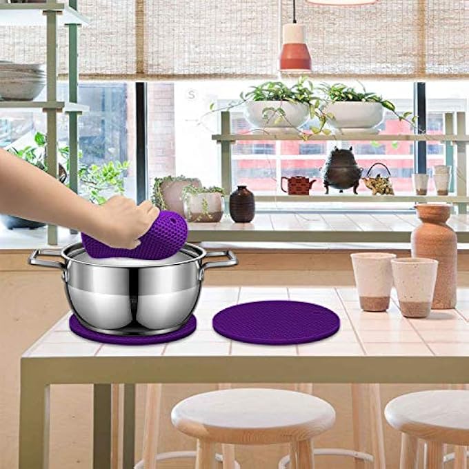 LogHog 5 Pack Extra Thick Silicone Pot Coaster Trivet MatsPot HolderHot PadsNon Slip Durable Flexible Table Mats Round Honeycome Multipurpose Kitchen Heat Resistant Mat Purple - Image 3