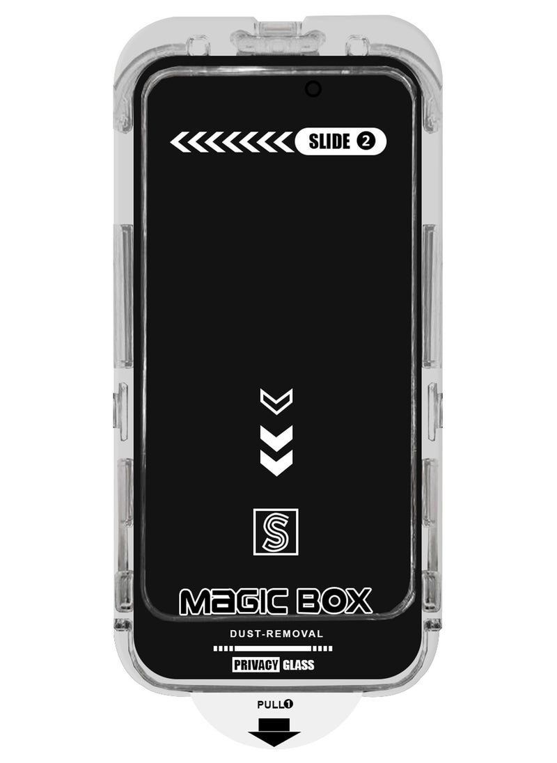 Privacy Screen Protector for iPhone 15 Pro Max – Magic Box Auto-Align, Full Glass, Anti-Spy, Case-Friendly
