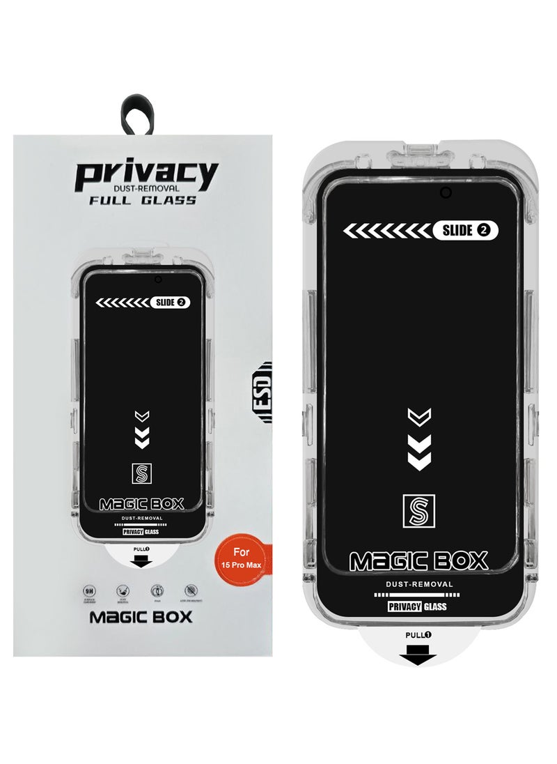 Privacy Screen Protector for iPhone 15 Pro Max – Magic Box Auto-Align, Full Glass, Anti-Spy, Case-Friendly