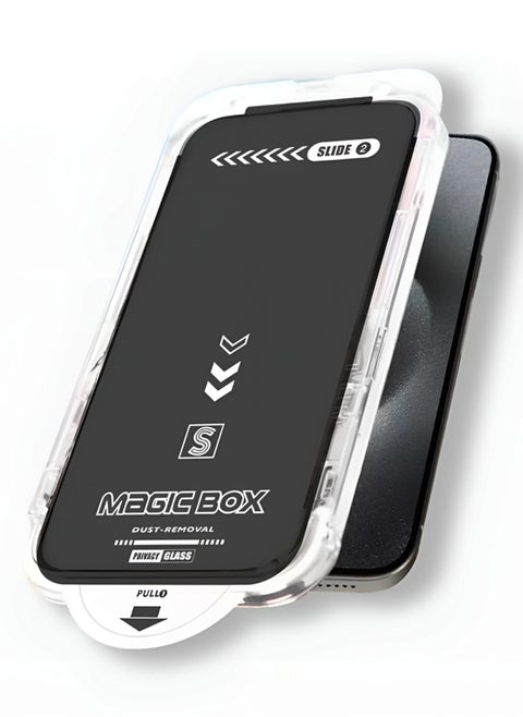 Privacy Screen Protector for iPhone 15 Pro Max – Magic Box Auto-Align, Full Glass, Anti-Spy, Case-Friendly