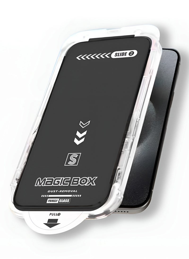 Privacy Screen Protector for iPhone 15 Pro Max – Magic Box Auto-Align, Full Glass, Anti-Spy, Case-Friendly