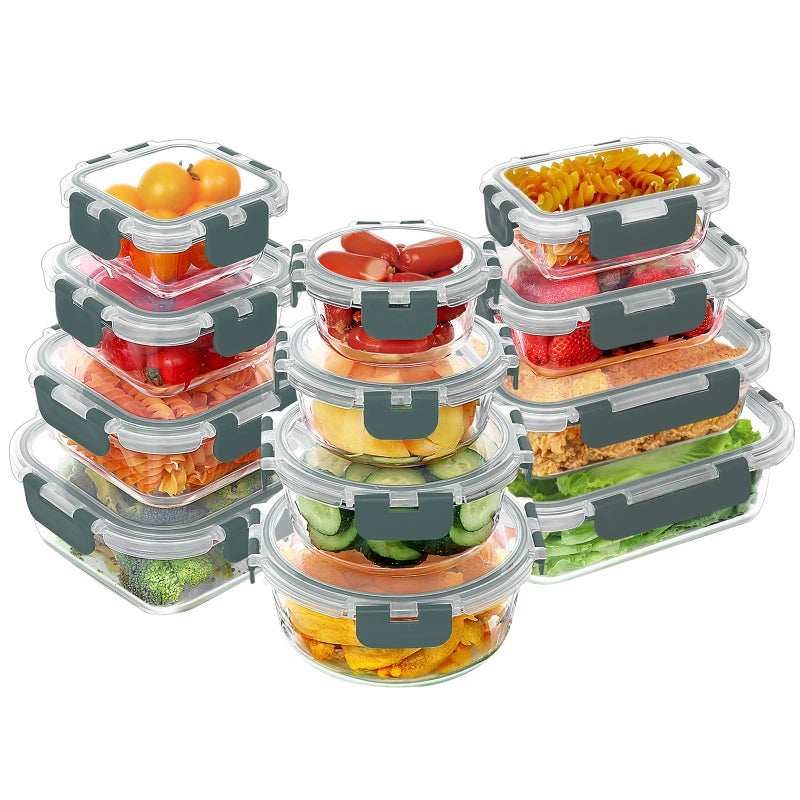 VERONES 24 Pieces Glass Food Storage Containers Set  Airtight Glass Lunch Containers  Glass Meal Prep Containers with Lids Exclusive of BPA  for Microwave  Oven  Freezer & Dishwasher Friendly Grey - Image 1