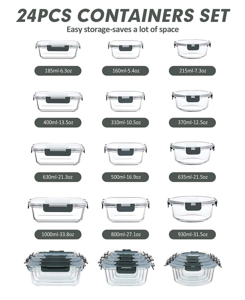 VERONES 24 Pieces Glass Food Storage Containers Set  Airtight Glass Lunch Containers  Glass Meal Prep Containers with Lids Exclusive of BPA  for Microwave  Oven  Freezer & Dishwasher Friendly Grey - Image 2