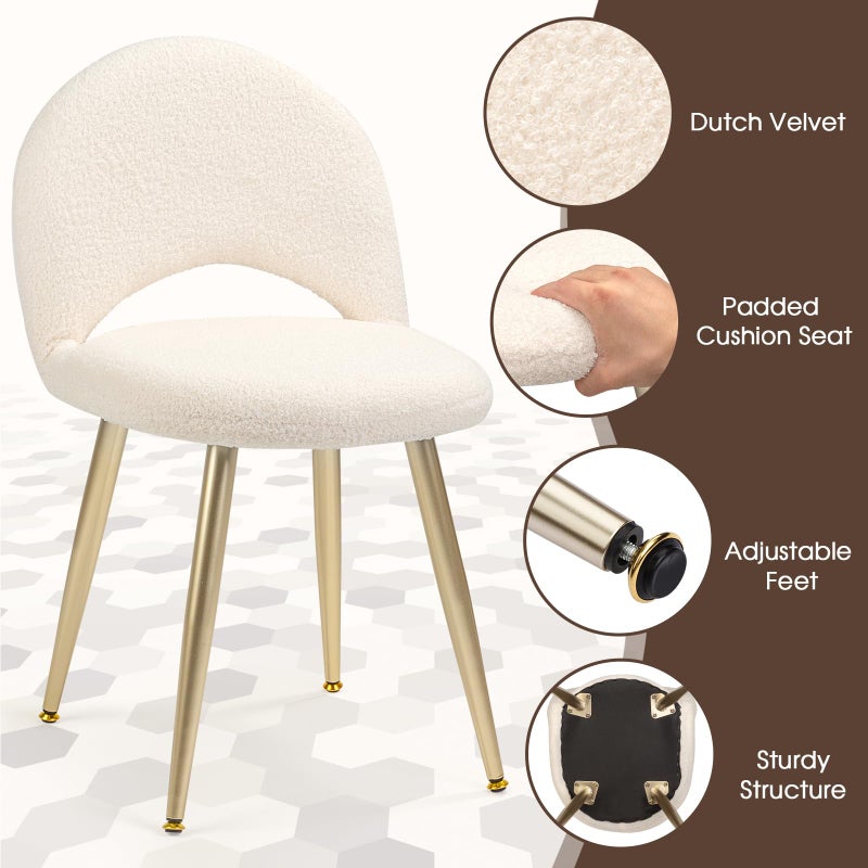 2BYF Vanity Chair with Adjustable Backrest, Boucle Upholstery Armless Makeup Stool, Cream White Sherpa Vanity Stool with Gold Metal Legs for Bedroom Living Room Kitchen Dinning Room(White) - Image 2