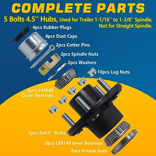 GREPSPUD 2Sets Trailer Hub Kits 5 on 4.5 for 3500 lbs 1-1/16'' to 1-3/8'' Tapered Axle, Idler Hub with Extra Dust Caps & Rubber Plugs, 5x4.5 Trailer Replacement Hub 5 Lug Bolt Trailer Wheel Hub Kit - Image 2