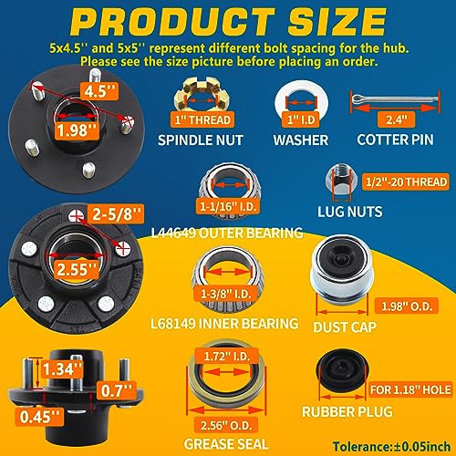 GREPSPUD 2Sets Trailer Hub Kits 5 on 4.5 for 3500 lbs 1-1/16'' to 1-3/8'' Tapered Axle, Idler Hub with Extra Dust Caps & Rubber Plugs, 5x4.5 Trailer Replacement Hub 5 Lug Bolt Trailer Wheel Hub Kit - Image 3