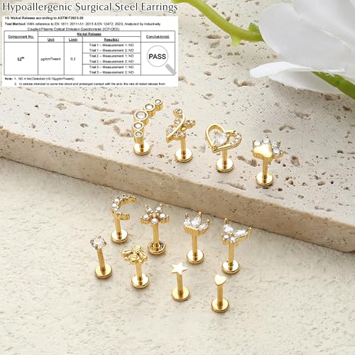 YADOCA 16G 18G Tragus Earrings for Women Flat Back Hypoallergenic Surgical Stainless Steel Cartilage Earrings Daith Conch Helix Medusa Nose Piercing Jewelry Flatback Gold Stud Earrings Set 12 Pairs - Image 4