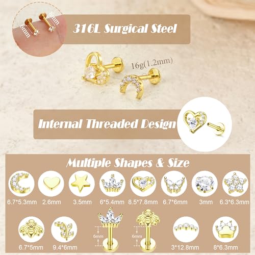 YADOCA 16G 18G Tragus Earrings for Women Flat Back Hypoallergenic Surgical Stainless Steel Cartilage Earrings Daith Conch Helix Medusa Nose Piercing Jewelry Flatback Gold Stud Earrings Set 12 Pairs - Image 3