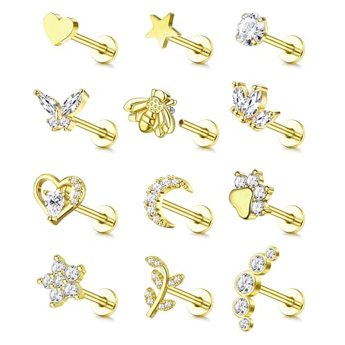YADOCA 16G 18G Tragus Earrings for Women Flat Back Hypoallergenic Surgical Stainless Steel Cartilage Earrings Daith Conch Helix Medusa Nose Piercing Jewelry Flatback Gold Stud Earrings Set 12 Pairs - Image 1