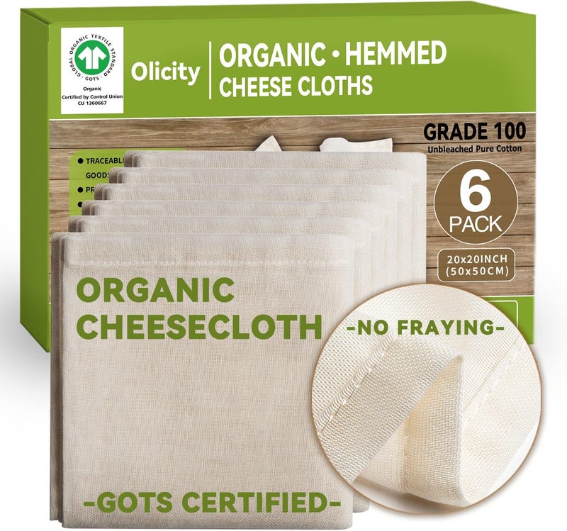 Olicity Organic Cheese Cloths, GOTS Certified, 6PCS, Grade 100, 20x20Inch Hemmed Cheese Cloth Fabric Reusable Fine Mesh Cloth, 100% Cotton Unbleached Muslin Cheesecloth for Straining, Cooking, Yogurt, Juicing - Image 1
