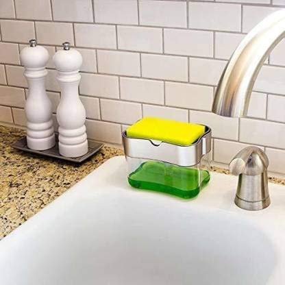 Lexazo 2in 1 Plastic Soap Pump Dispenser Sponge Holder for Dish Soap and Sponge for Kitchen 380 ml Liquid Lotion Foam Dispenser - Image 4