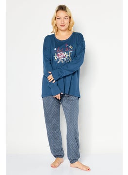 Women 2 Piece Graphic Print Top And Bottom Pajama Set, Blue Combo