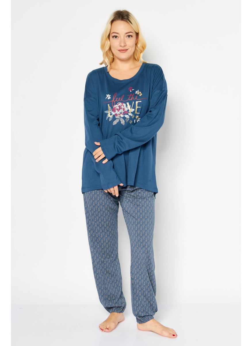 TRIUMPH - Women 2 Piece Graphic Print Top And Bottom Pajama Set, Blue Combo - Image 1