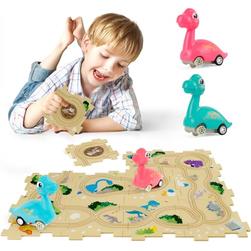 YOOYID Puzzle Racer Kids Car Track Set with 2 Dino Cars Kids Toys Boys 35 Toys for 3 4 5 6 Year Old Boys Toys for Ages 34 Car Tracks for Toddlers Montessori Toys for 3 Year Old - Image 1