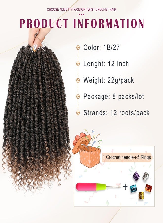 Admutty Passion Twist Hair 12 Inch,Passion Twist Crochet Hair,Pretwisted Passion Twist Hair 8 Packs,Short Passion Twist Crochet Braids,Pre Looped Crochet Hair for Black Women(1B/27) - Image 2
