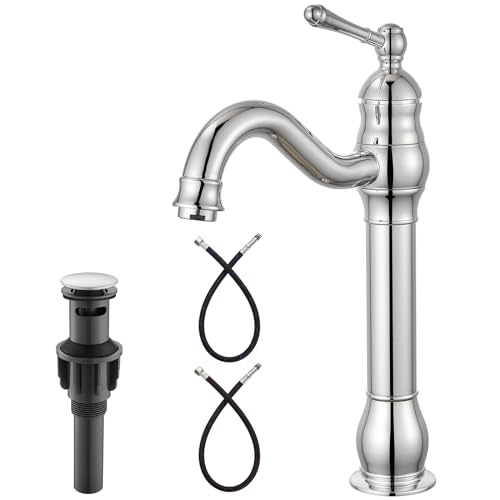Heyalan Vessel Sink Faucet Tall Bathroom Faucet Single Handle 1 Hole High Spout with Drain Material 360 Degree Adjustable Lavatory Vanity Mixer TapStraight BodyPolish Chrome - Image 1