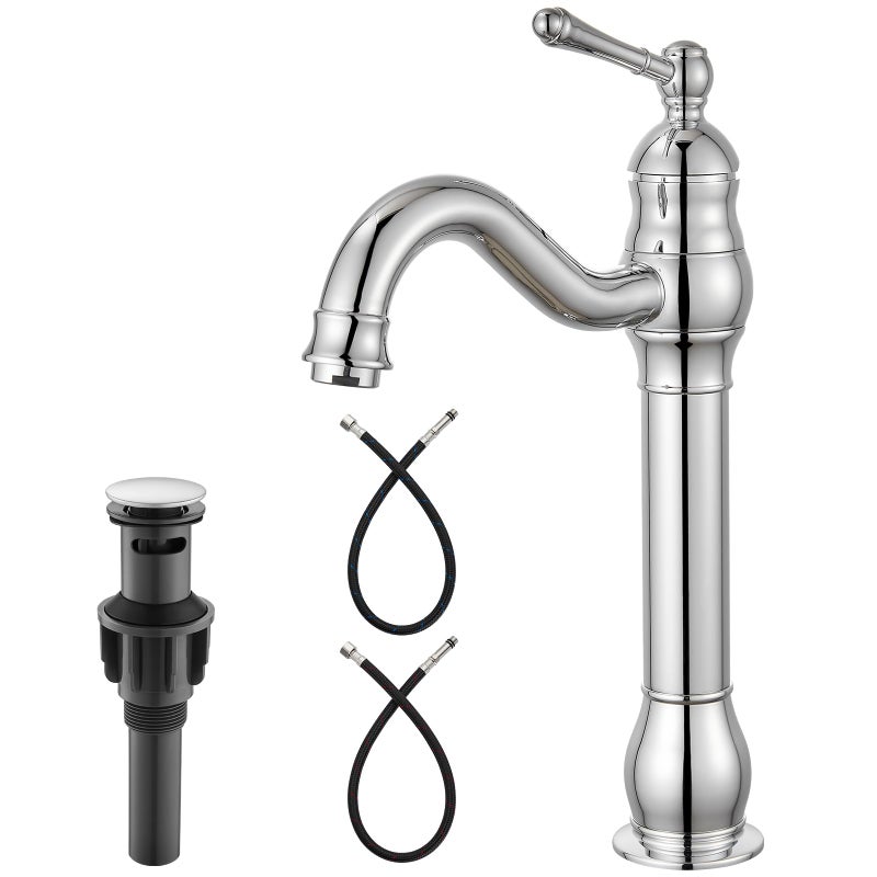Heyalan Vessel Sink Faucet Tall Bathroom Faucet Single Handle 1 Hole High Spout with Drain Material 360 Degree Adjustable Lavatory Vanity Mixer TapStraight BodyPolish Chrome - Image 2