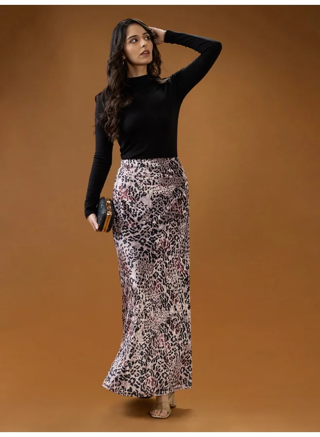 globus Women Rose Gold Leopard Print Mid-Rise A-Line Maxi Skirt