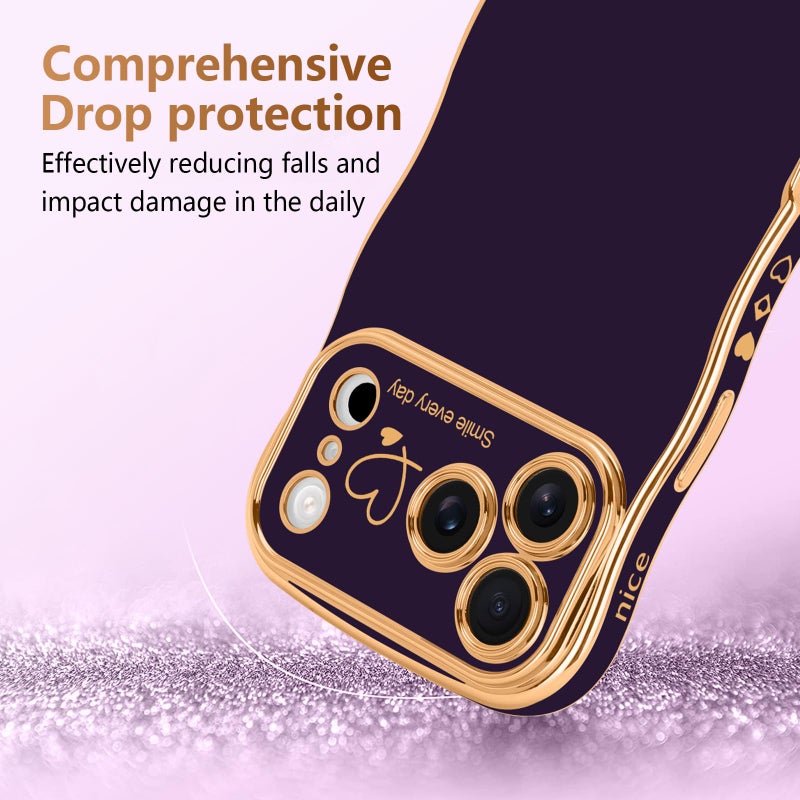 LCHULLE for iPhone 17 Pro Max Case for Women Girls, Cute Wave Frame Curly Shape with Love Heart Raised Camera Protection Cover Luxury Plating Shockproof Phone Case for iPhone 17 Pro Max, Dark Purple - Image 3