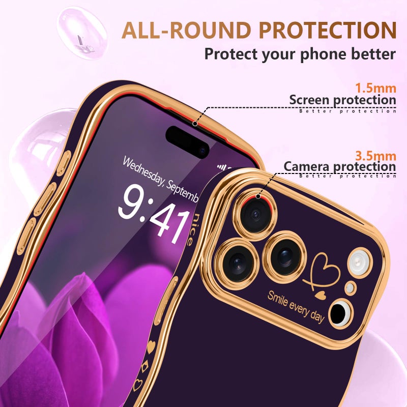 LCHULLE for iPhone 17 Pro Max Case for Women Girls, Cute Wave Frame Curly Shape with Love Heart Raised Camera Protection Cover Luxury Plating Shockproof Phone Case for iPhone 17 Pro Max, Dark Purple - Image 4