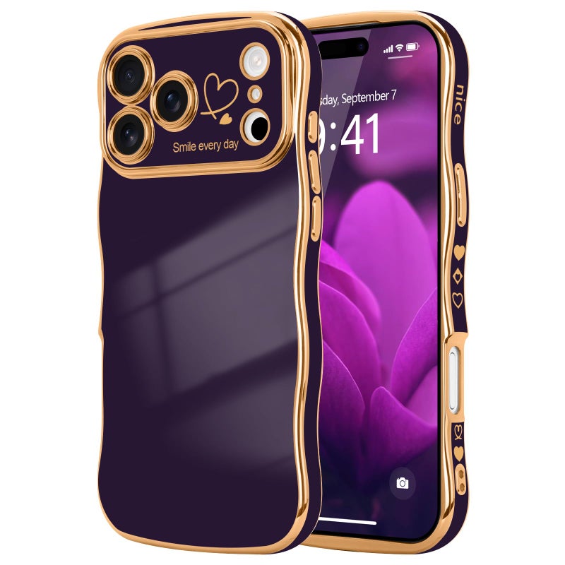 LCHULLE for iPhone 17 Pro Max Case for Women Girls, Cute Wave Frame Curly Shape with Love Heart Raised Camera Protection Cover Luxury Plating Shockproof Phone Case for iPhone 17 Pro Max, Dark Purple - Image 1