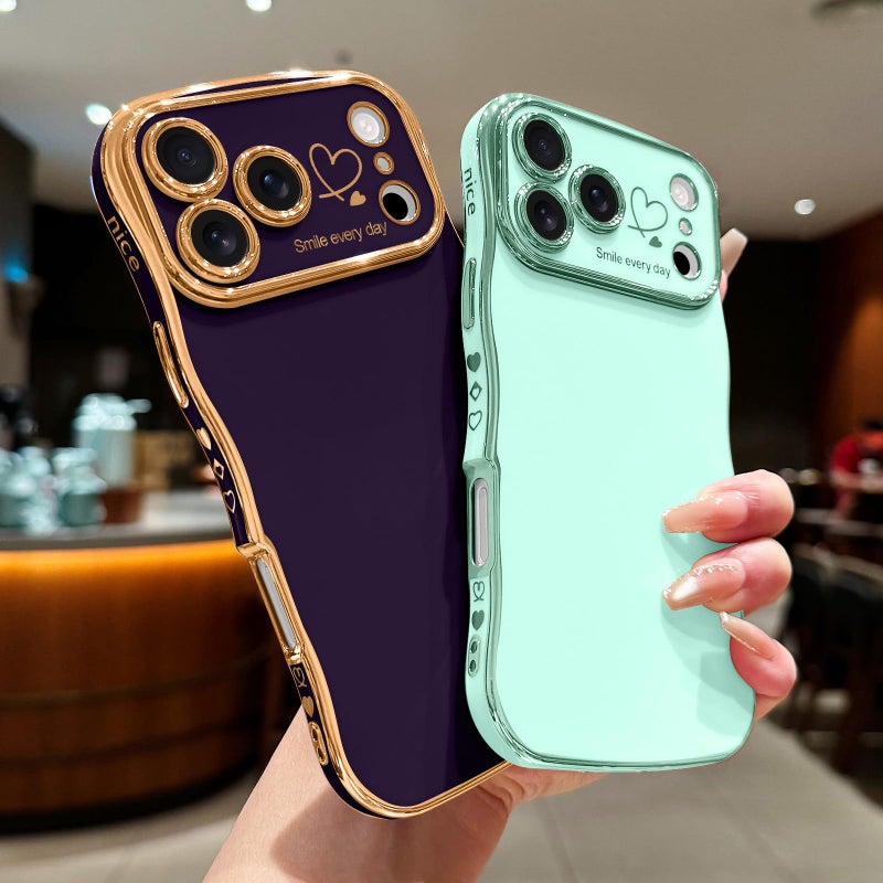 LCHULLE for iPhone 17 Pro Max Case for Women Girls, Cute Wave Frame Curly Shape with Love Heart Raised Camera Protection Cover Luxury Plating Shockproof Phone Case for iPhone 17 Pro Max, Dark Purple - Image 5
