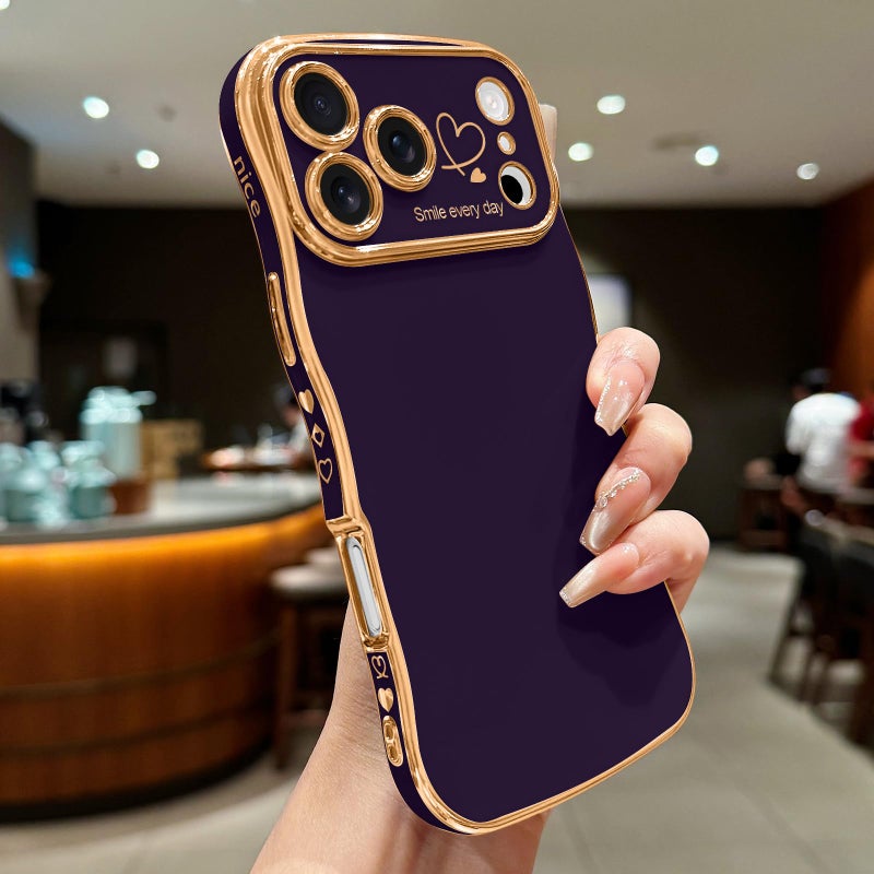 LCHULLE for iPhone 17 Pro Max Case for Women Girls, Cute Wave Frame Curly Shape with Love Heart Raised Camera Protection Cover Luxury Plating Shockproof Phone Case for iPhone 17 Pro Max, Dark Purple - Image 2