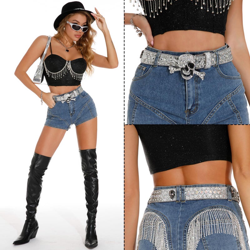 EVERBLTING Rhinestone Skull Belt Men Women Skull Rhinestone Belt Studded Punk Y2k Belts Western Cowgirl Belts - Image 5