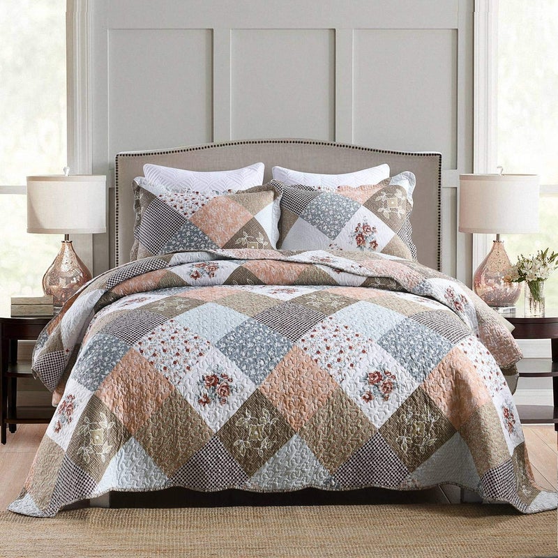 Homcosan Homcosan Quilt Bedspreads Sets QueenFull Size 90x98 inches Reversible Mocha Floral Patchwork Patterns Lightweight Coverlet for All Season 3Piece Bedding 1 Quilt  2 Pillow Shams 