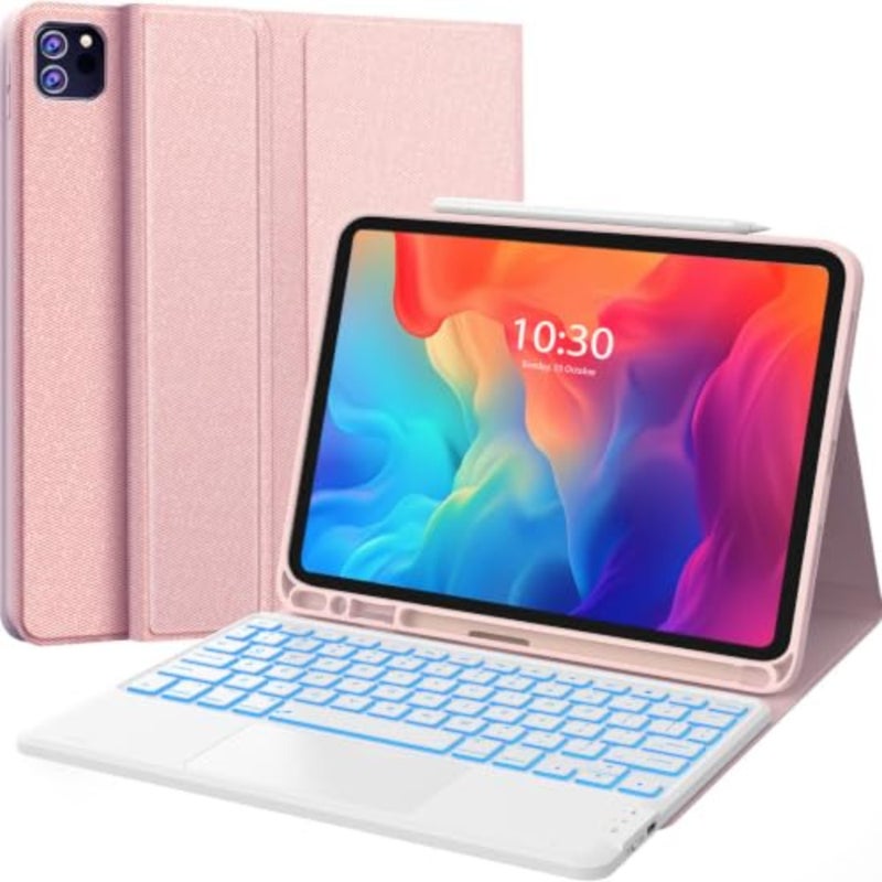 حافظة لوحة مفاتيح iPad Air مقاس 11 بوصة باللغة العربية/الإنجليزية مع لوحة تتبع متعددة اللمس، مادة سيليكون وردية، إضاءة خلفية بـ 7 ألوان، قنوات لاسلكية مزدوجة، متوافقة مع iPad Pro 11 الجيل الأول من iPad Air الجيل الرابع/الخامس - Image 1