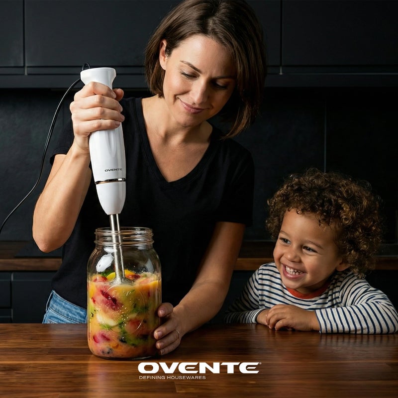 Ovente خلاط يدوي غاطس OVENTE، 300 واط، خلاط كهربائي محمول بسلك مع 2 سرعة خلط وشفرات من الفولاذ المقاوم للصدأ للسموذي، والهرس، وطعام الأطفال، أبيض HS560W - Image 3
