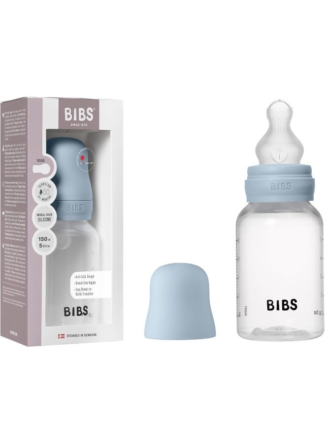 BIBS Baby Bottle 150 ml Silicone Teat - Baby Bottle Set Anti-Colic BPA Free Slow Flow Lightweight and Easy to Clean Suitable for Newborns from 0 Years - Baby Blue - Image 1