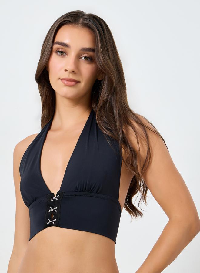 Take Two Solid Hanging Neck Metal Buckle Front Detail Non Wired Bra - Image 1