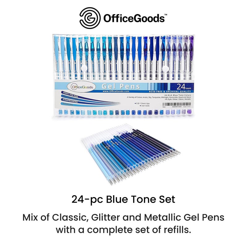 OfficeGoods Blue Gel Pens with Refills â€“ Colored Adults Coloring Art â€“ Medium 0.8-1.0mm Tips â€“ Non-Toxic Gel Pens Set â€“ Quick Dry Smudge-Free 24 Pack Colors - Image 2