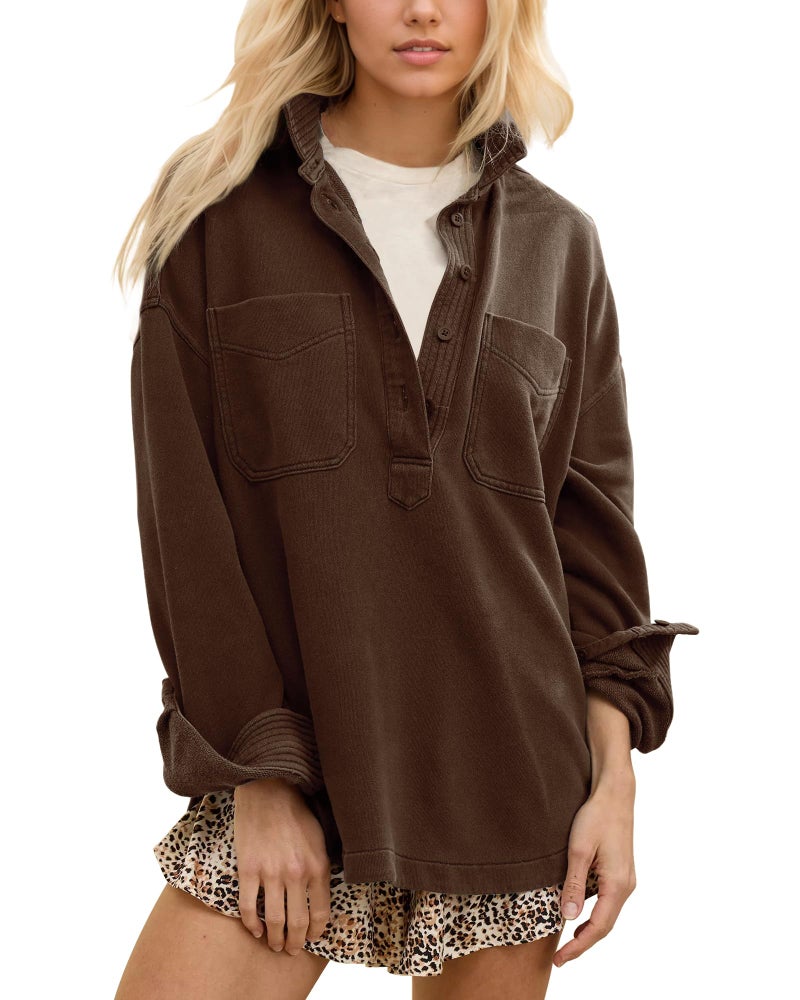 Locachy Women's Casual Oversized Polo Neck Sweatshirt Lapel Long Sleeve Button Pullover Tops Fashion Outfits Clothes Coffee M - Image 1