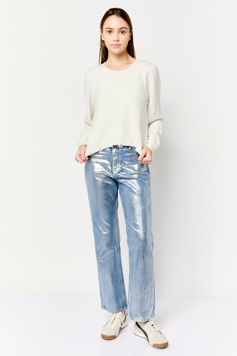 Aerie Women Crew Neck Textured Sweaters, Light Grey - Image 4